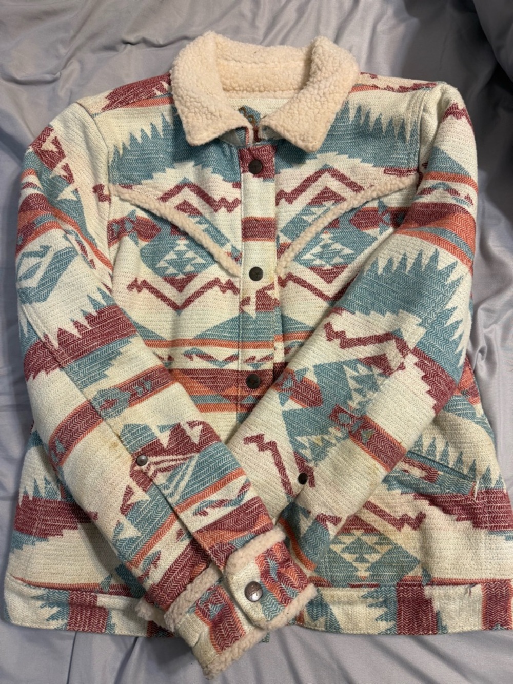 Wrangler Cream Sherpa Jacket with Teal & Rust Aztec Accents